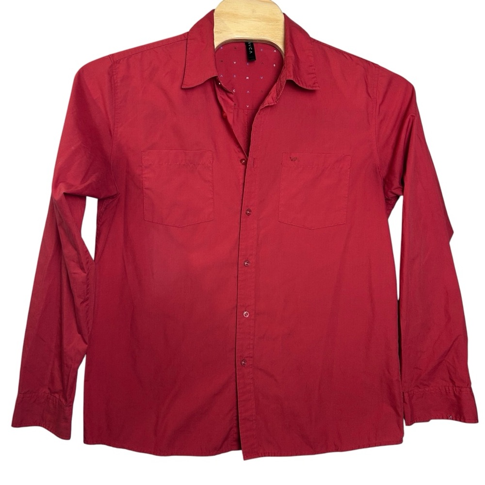 RVCA Shirt Mens Large Red Button Up‎ Long Sleeve Embroidery